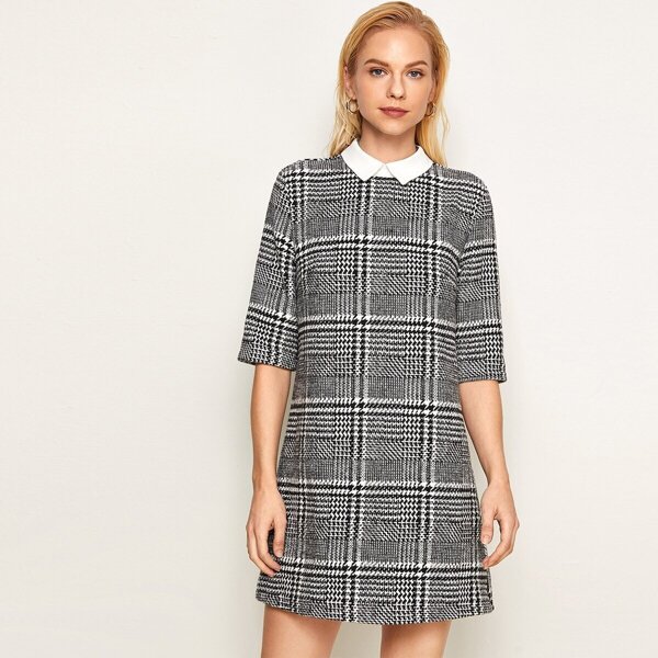 

Premium Contrast Collar Plaid Tweed Dress, Grey