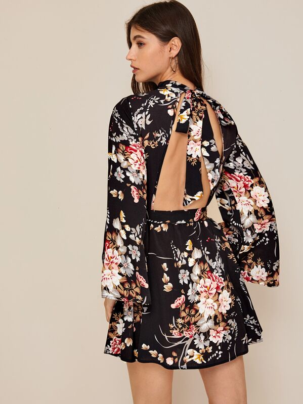 

Tied Open Back Botanical Print Belted Dress, Multicolor, Mila