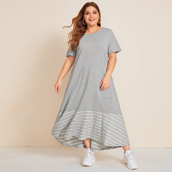 

Plus Striped Hem Tee Dress, Grey