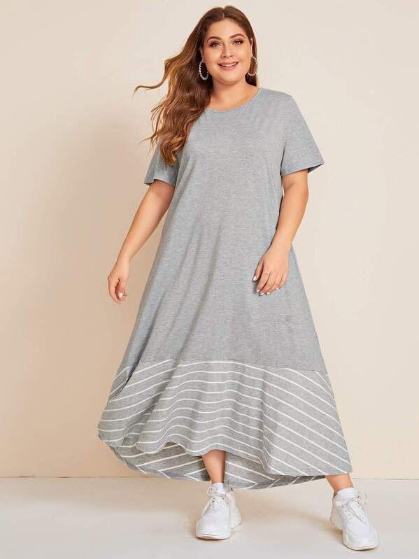 

Plus Striped Hem Tee Dress, Grey, Carol