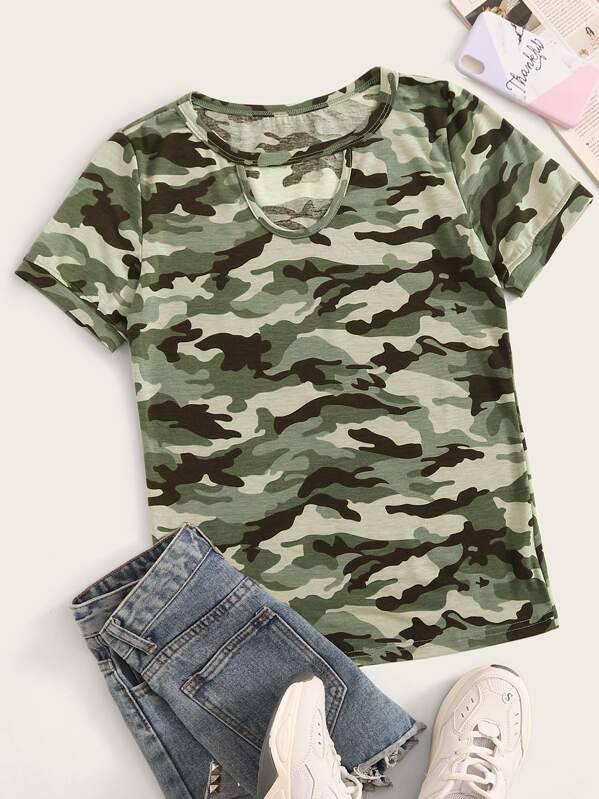 

Camo Keyhole Neck Skinny Tee, Multicolor, Gabe