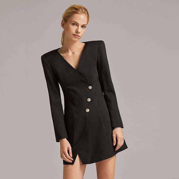

Premium Buttoned Front Wrap Blazer Dress, Black