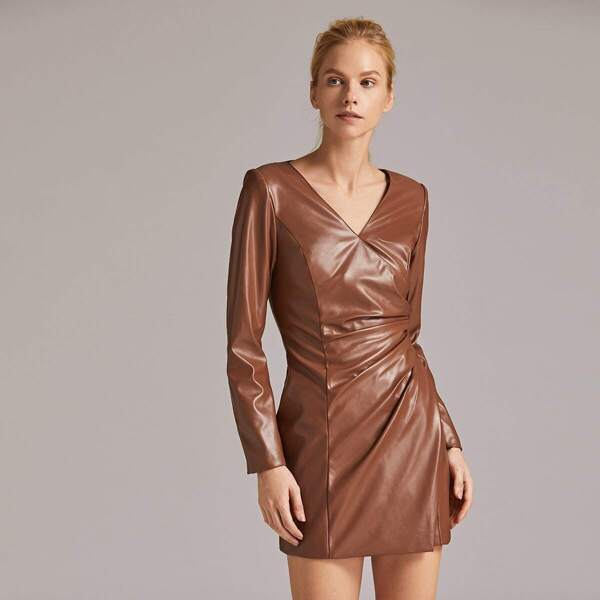 

Premium Wrap Gathered Side PU Dress, Brown