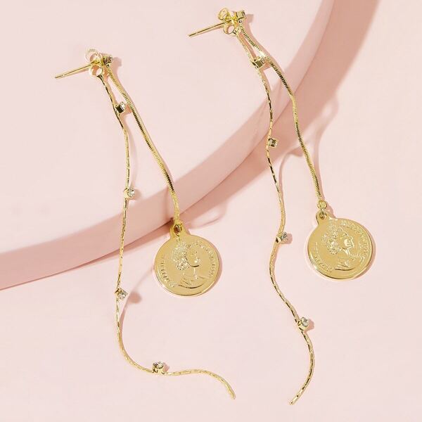 

Coin & Chain Drop Earrings 1pair, Gold