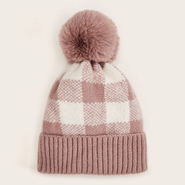 

Plaid Pattern Pom Pom Decor Cuffed Beanie, Multicolor