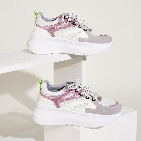 

Holographic Panel Lace-up Front Chunky Sneakers, Multicolor