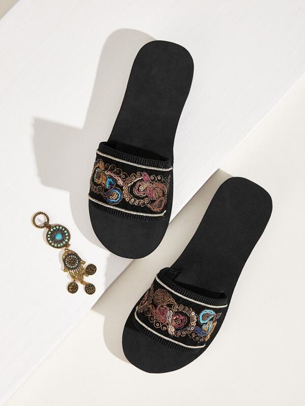 

Sequins Decor Open Toe Sliders, Black