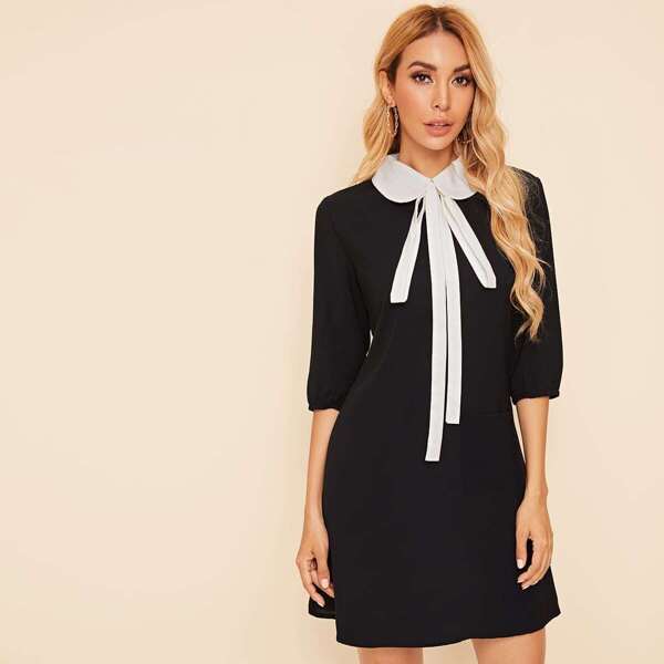 

Tie Neck 3/4 Sleeve Dress, Black