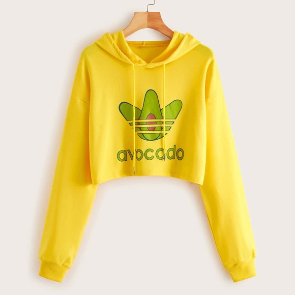 

Avocado Print Drawstring Crop Hoodie, Yellow bright