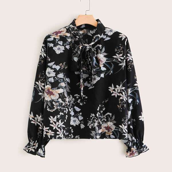 

Plus Botanical Print Tie Neck Bell Sleeve Top, Black