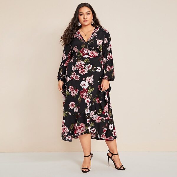 

Plus Floral Print Lantern Sleeve Ruffle Hem Dress
