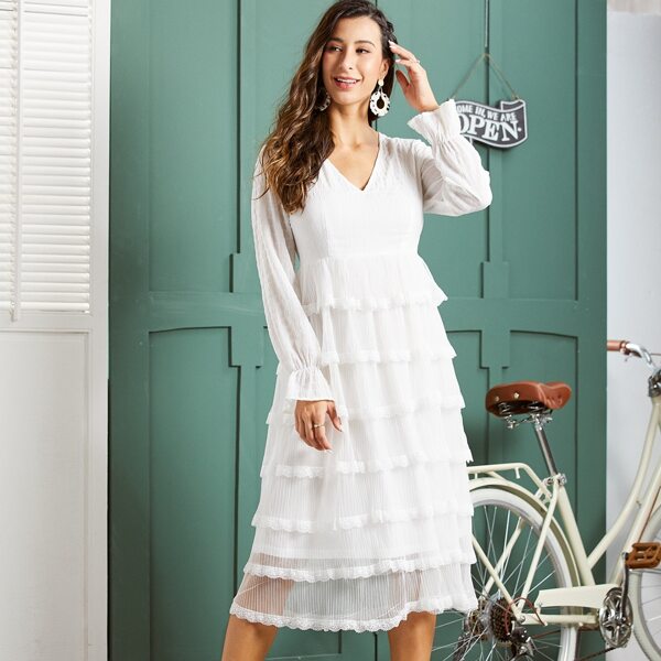 

Bell Sleeve Lace Trim Layered Hem Dress, White