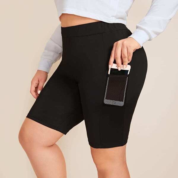 

Plus Mesh Pocket Patched Side Cycling Shorts, Black