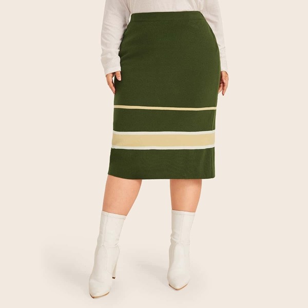

Plus Colorblock Pencil Sweater Skirt, Army green