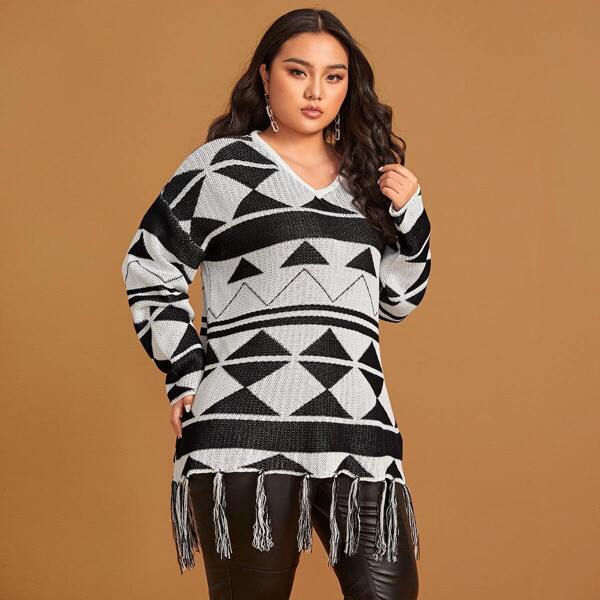 

Plus Fringe Detail Geo Sweater, Black and white