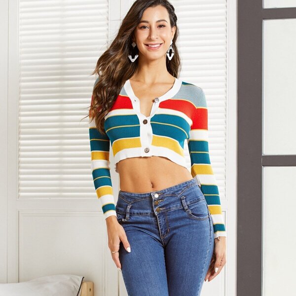 

SBetro Button Up Striped Fitted Crop Cardigan, Multicolor