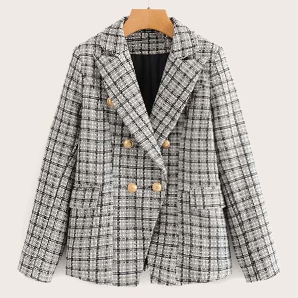 

Plaid Lapel Double Breasted Tweed Blazer