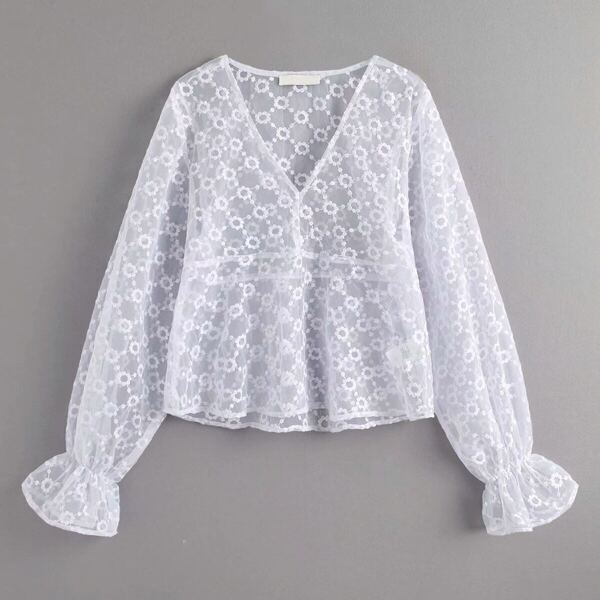 

V-Neck Flounce Sleeve Sheer Embroidery Mesh Blouse