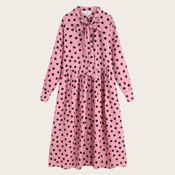 

Polka Dot Print Tie Neck Flare Hem Dress, Pink