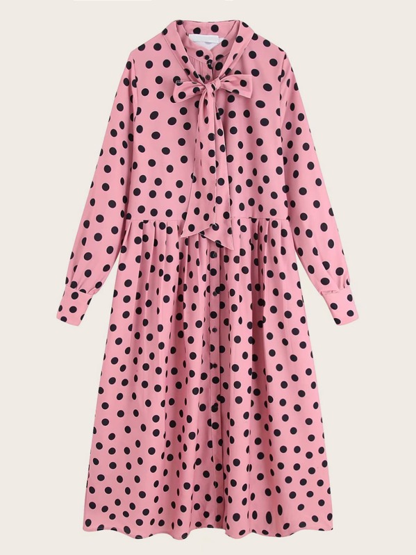 

Polka Dot Print Tie Neck Flare Hem Dress, Pink