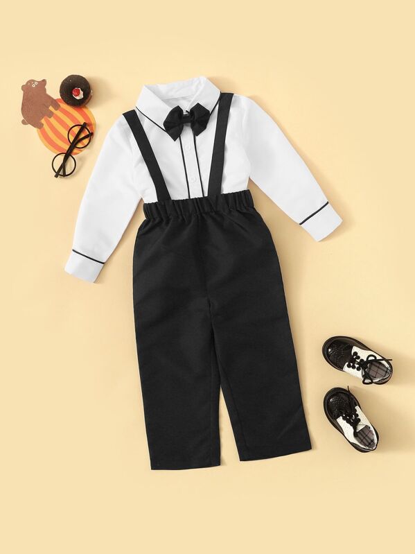 

Toddler Boys Contrast Piping Bow Top With Pants Dress Suit, Black and white