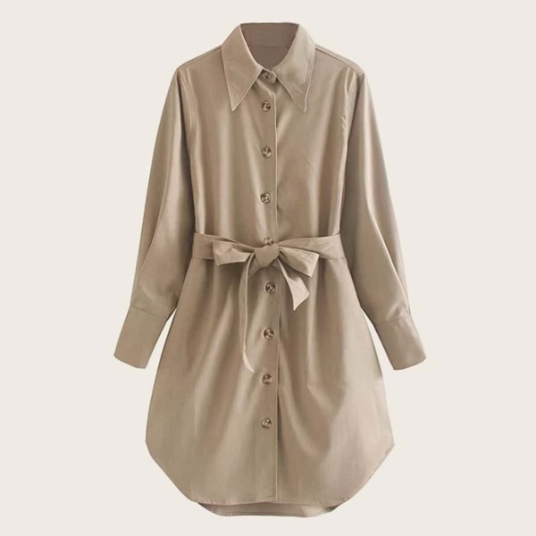 

Button Through Belted Curved Hem Shirt Dress, Beige