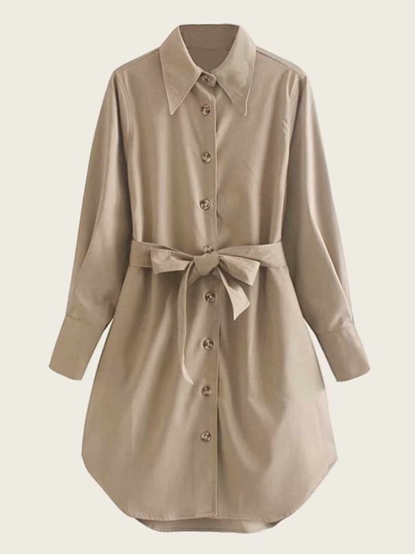 

Button Through Belted Curved Hem Shirt Dress, Beige