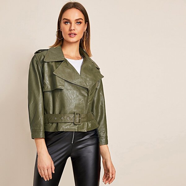 

Solid Lapel Belted PU Biker Jacket