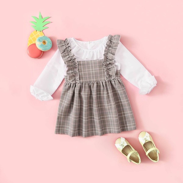 

Toddler Girls Frill Trim Top With Plaid Overall Dress, Multicolor