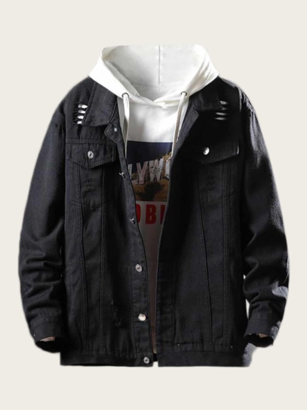 

Men Flap Pockets Ripped Denim Jacket, Black