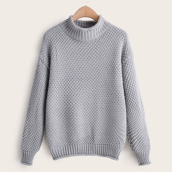 

Solid Stand Collar Drop Shoulder Sweater