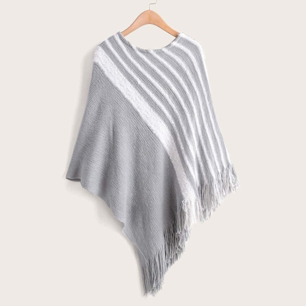 

Striped Fringe Hem Poncho Sweater