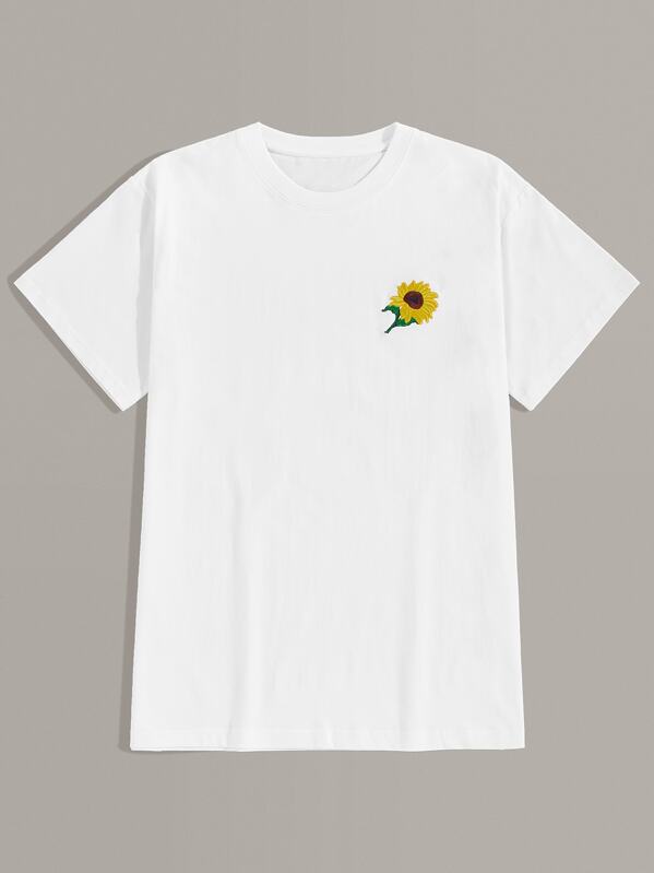 

Men Sunflower Embroidery Short Sleeve Tee, White
