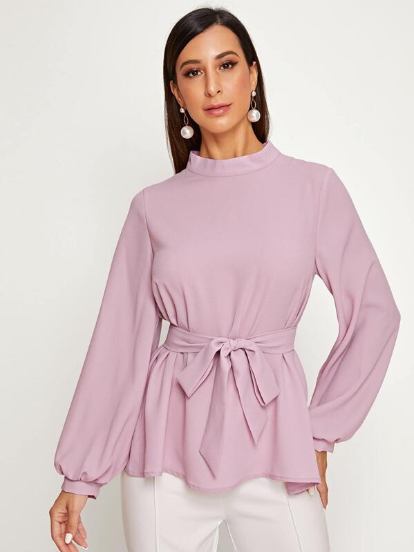 

Stand Collar Self Tie Blouse, Pink, Gabe