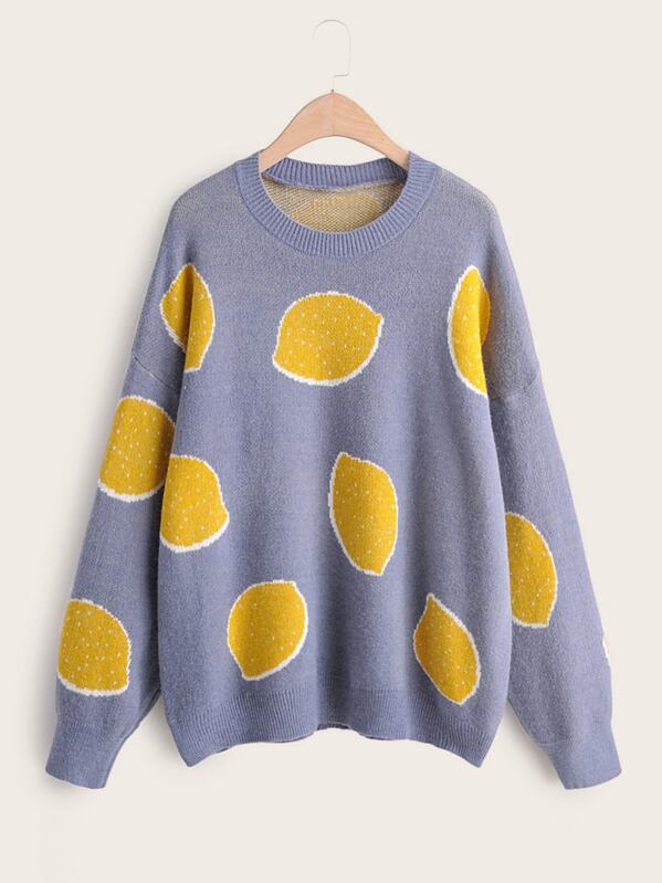 

Lemon Print Drop Shoulder Jumper, Multicolor