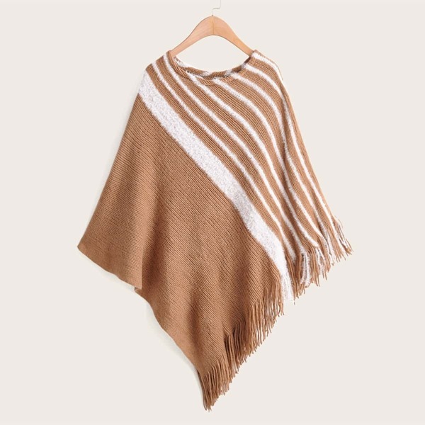 

Striped Fringe Hem Poncho Sweater