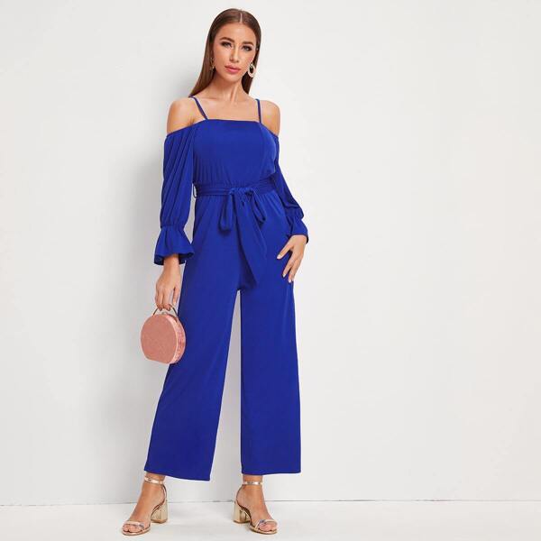 

Open Shoulder Flounce Sleeve Belted Culotte Jumpsuit, Blue bright