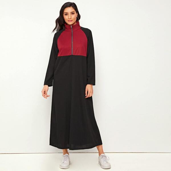

Contrast Panel Stand Collar Zipper Sweatshirt Dress, Black