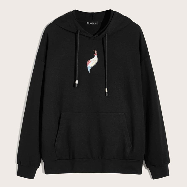 

Men Feather Print Patch Pocket Drawstring Hoodie, Black