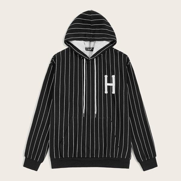 

Men Embroidery Detail Striped Drawstring Hoodie, Black