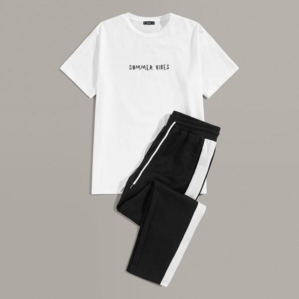 

Men Letter Graphic Top & Tape Side Pants Set, Black and white