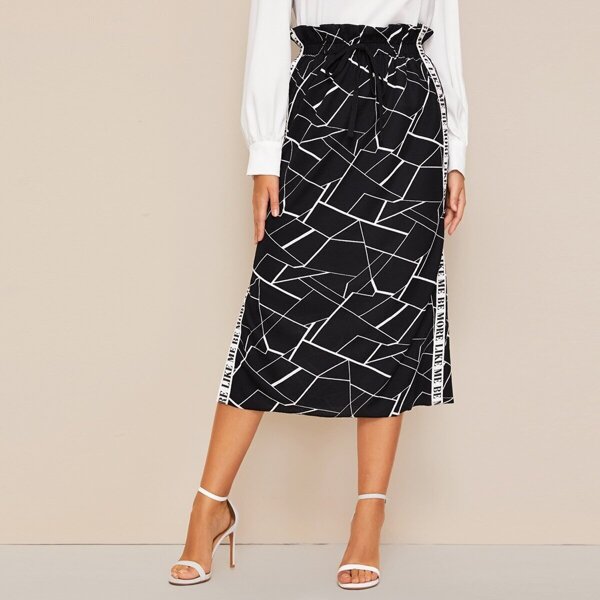 

Paperbag Waist Letter Tape Detail Geo Print Skirt, Black