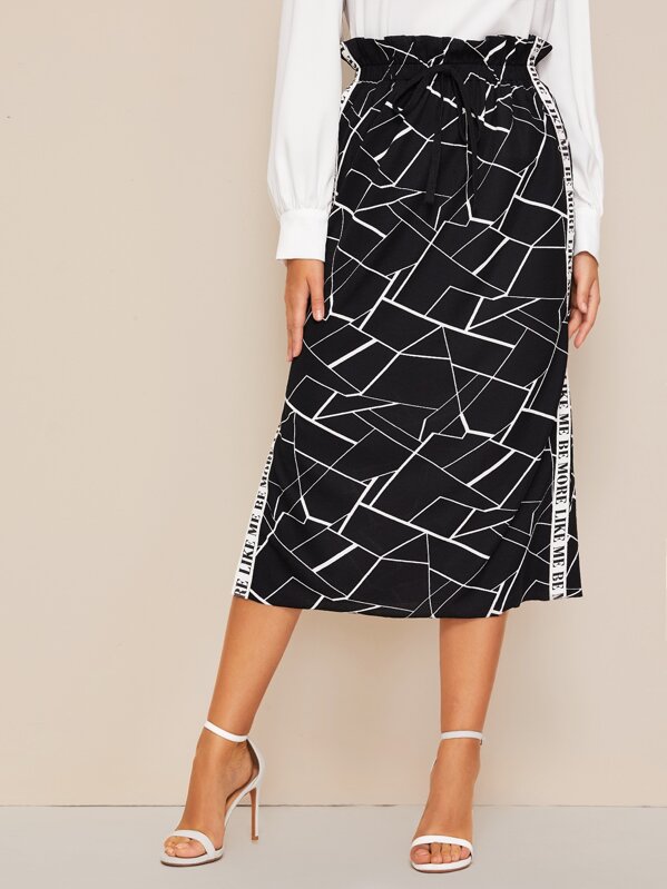 

Paperbag Waist Letter Tape Detail Geo Print Skirt, Black, Hanna