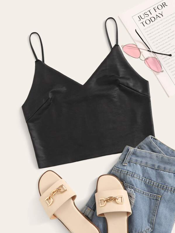 

V-neck PU Crop Cami Top, Black