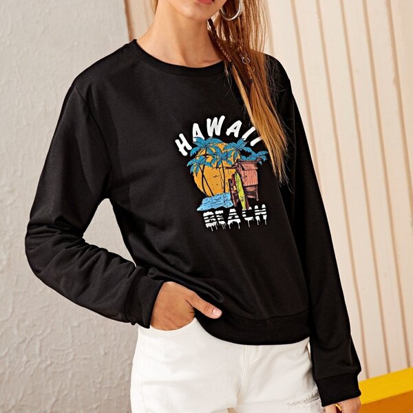 

Letter And Beach Scenery Print Sweatshirt, Black