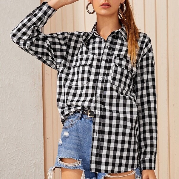 

Gingham Flap Pocket Front Blouse, Black and white