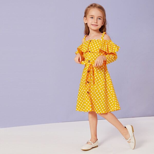 

Toddler Girls Polka Dot Open Shoulder Belted Shirt Dress, Yellow