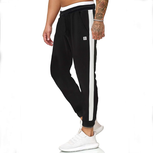 

Men Drawstring Waist Contrast Panel Side Patched Sweatpants, Black