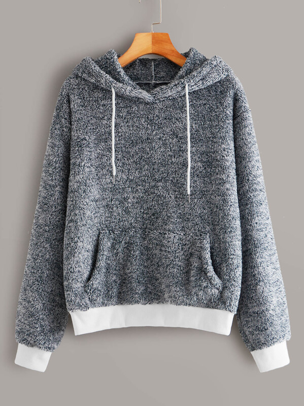 

Kangaroo Pocket Drawstring Teddy Hoodie, Grey