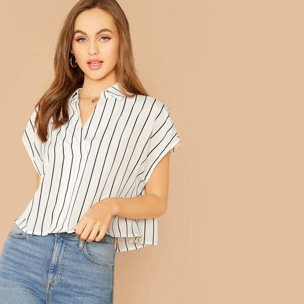 

Collared V-neck Striped Top